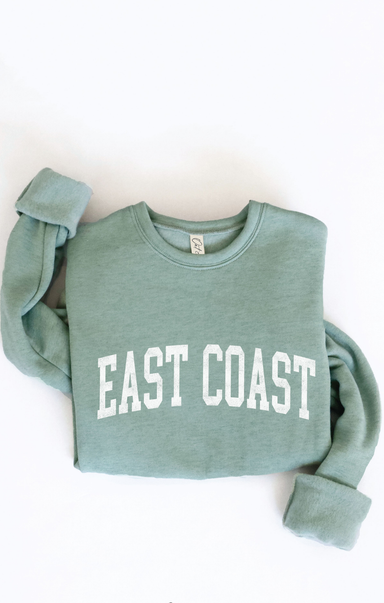 Green sweatshirt with 'EAST COAST' text on a white background