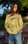 Person wearing a yellow sweater and blue jeans standing outdoors with greenery in the background