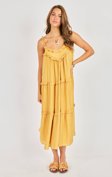 woman wearing yellow dress on white background