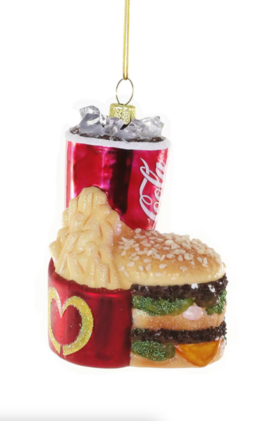 Decorative ornament shaped like a can of Coca-Cola, burger, and fries on a white background