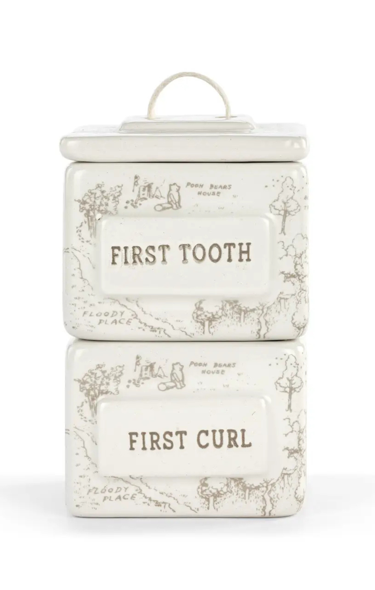 Two stacked decorative canisters labeled 'First Tooth' and 'First Curl' on a white background.