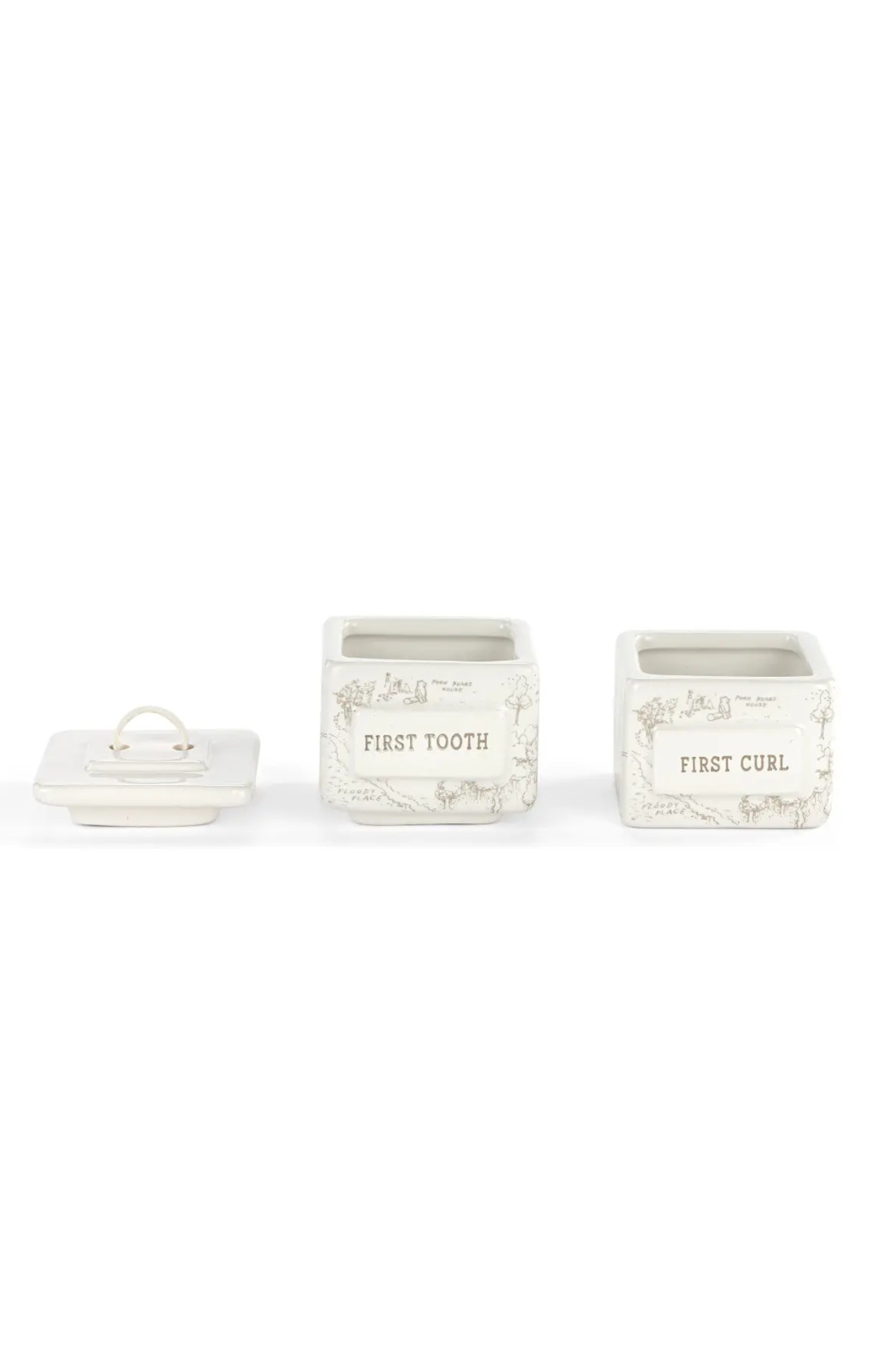 Three decorative boxes labeled 'First Tooth', 'First Curl', and a smaller one on a white background