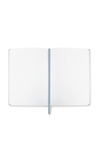 White notebook with a blue line on a white background