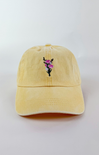 Butter yellow baseball cap with a small embroidered pink and purple flower bouquet centered on the front.