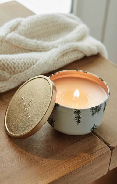 fraiser fir candle on tap with white background