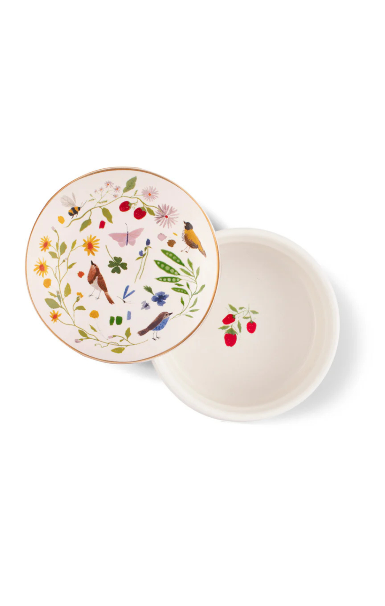 Decorative ceramic dish with floral and bird design on a white background