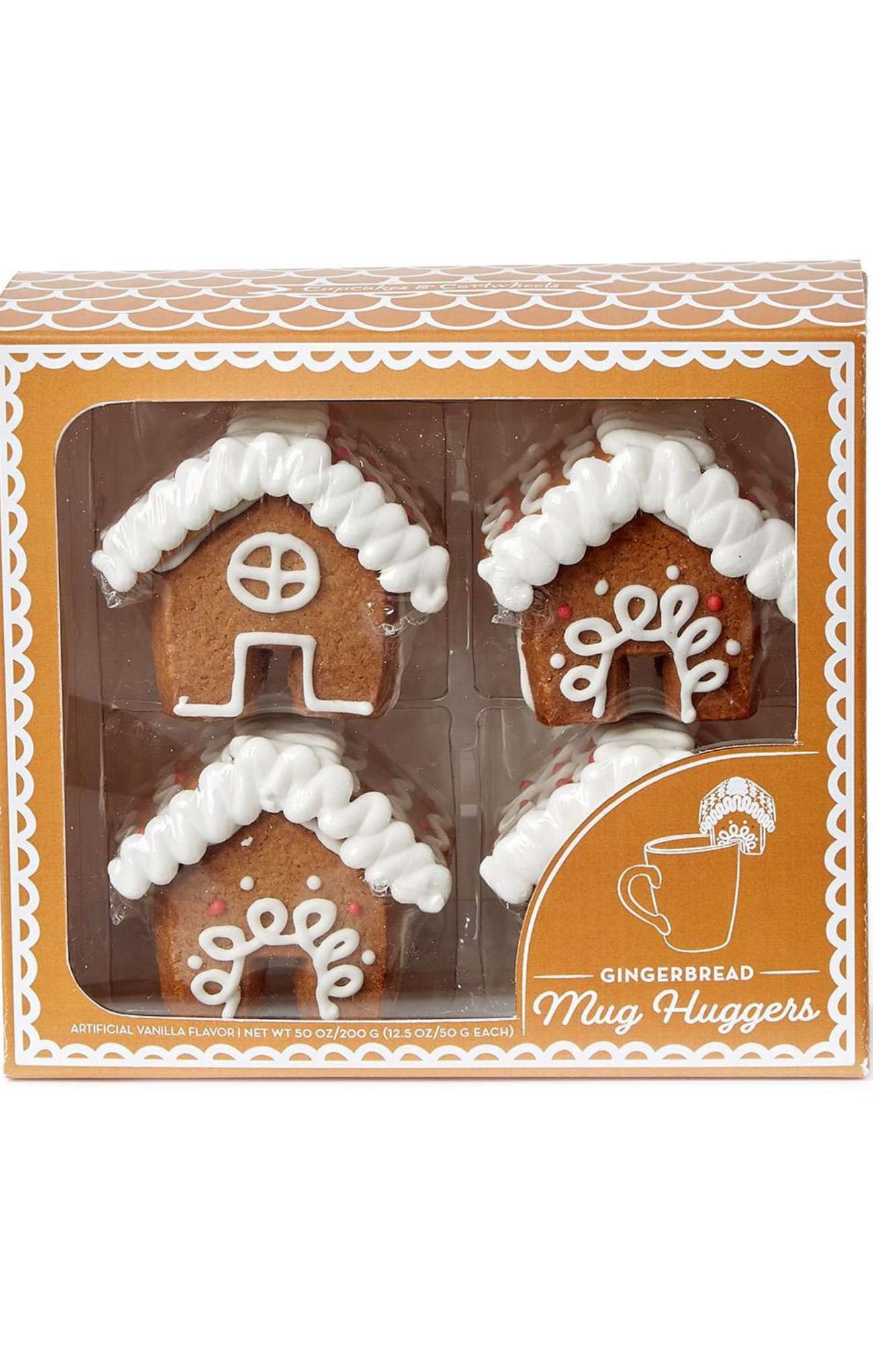 Gingerbread mug huggers in a decorative box on a white background