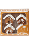 Gingerbread mug huggers in a decorative box on a white background