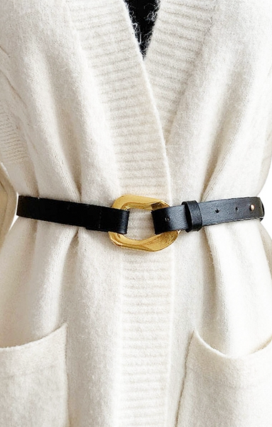 GOLD BUCKLE CINCHED BELT- waist belt, gold buckle, brown, black