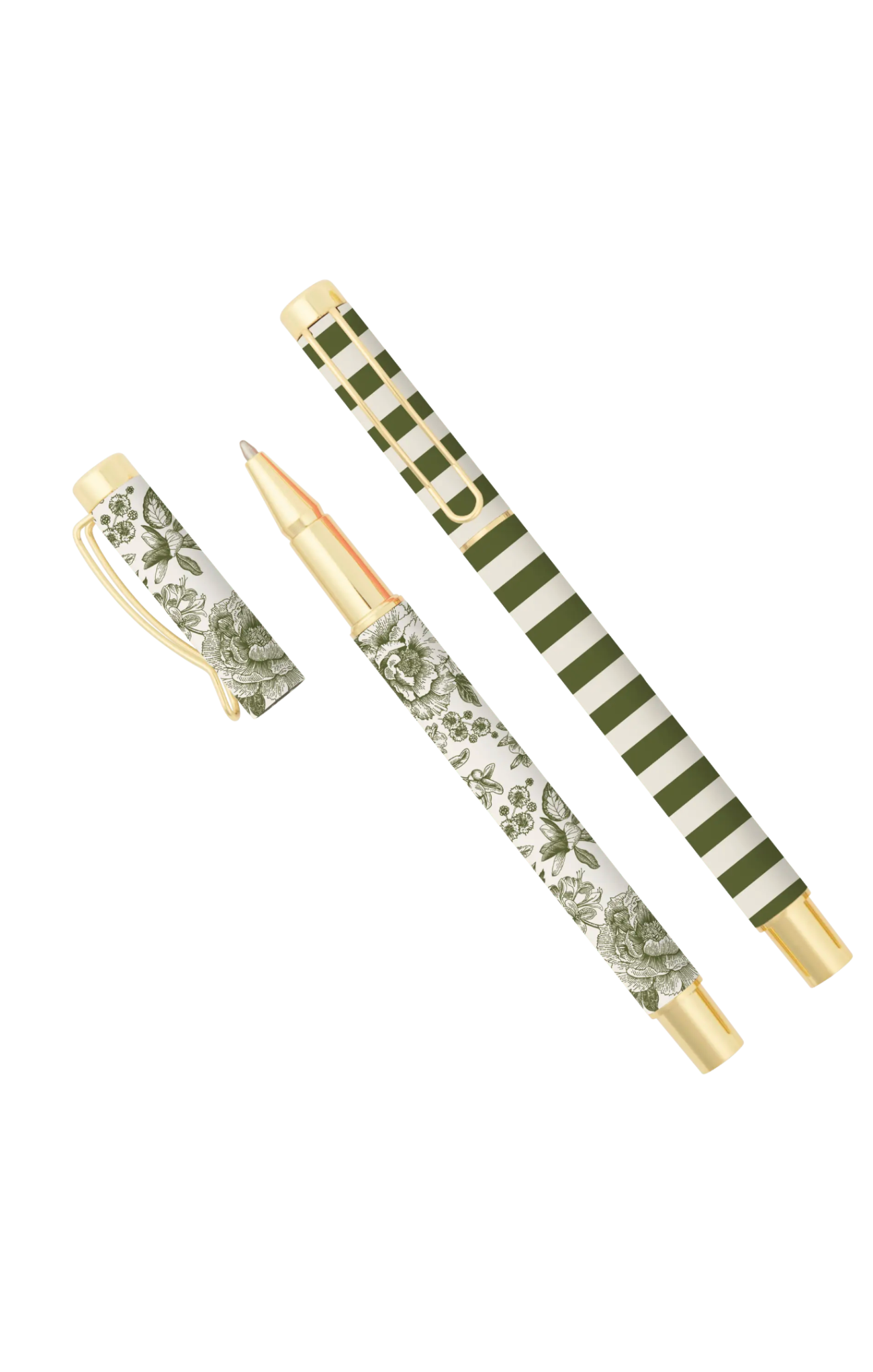 green pens with floral and stripe pattern