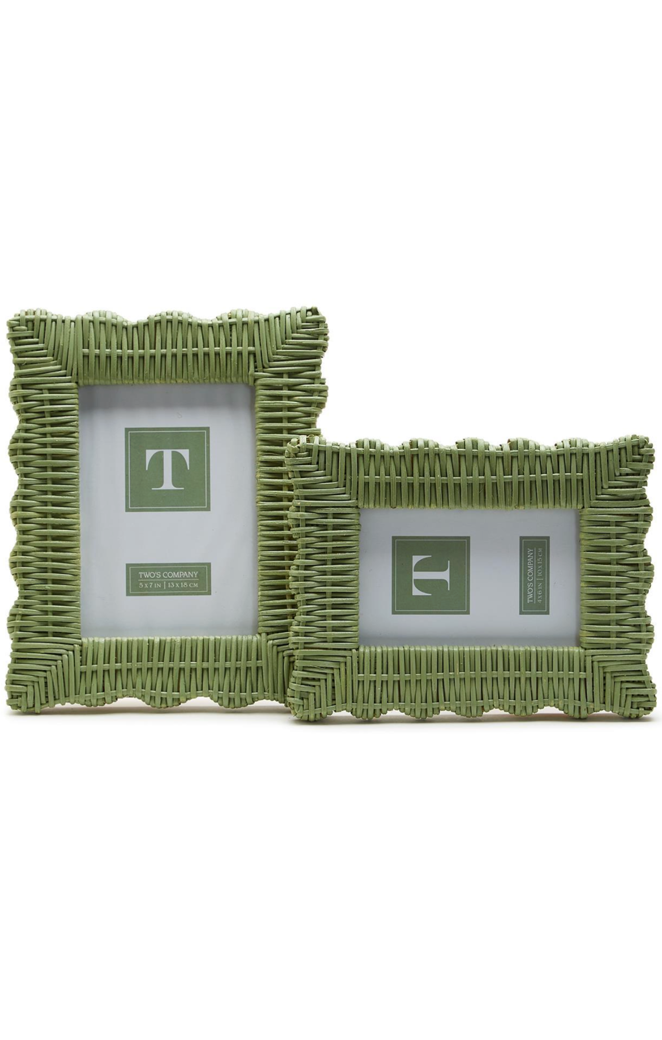 Two green wicker picture frames on a white background