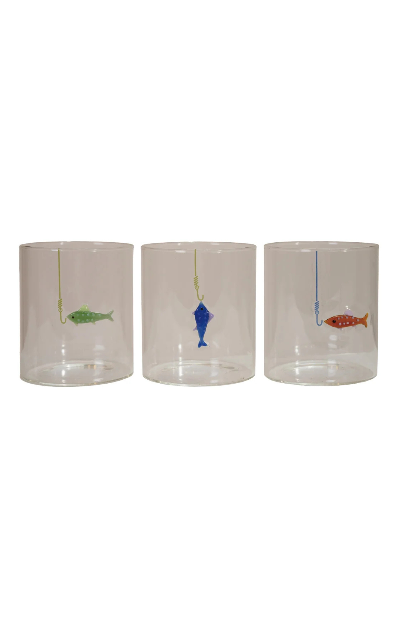 Three clear glass tumblers with fish illustrations on a white background