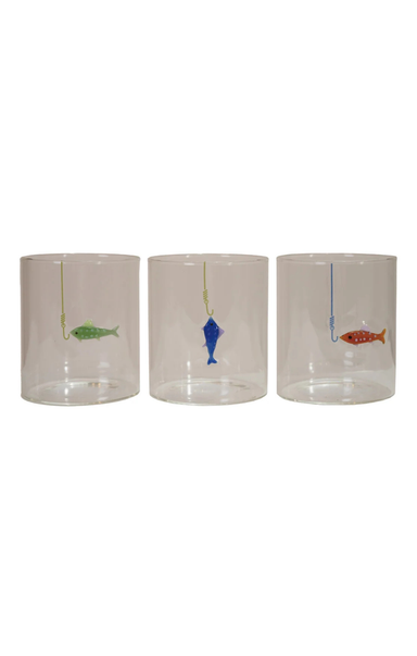 Three clear glass tumblers with fish illustrations on a white background