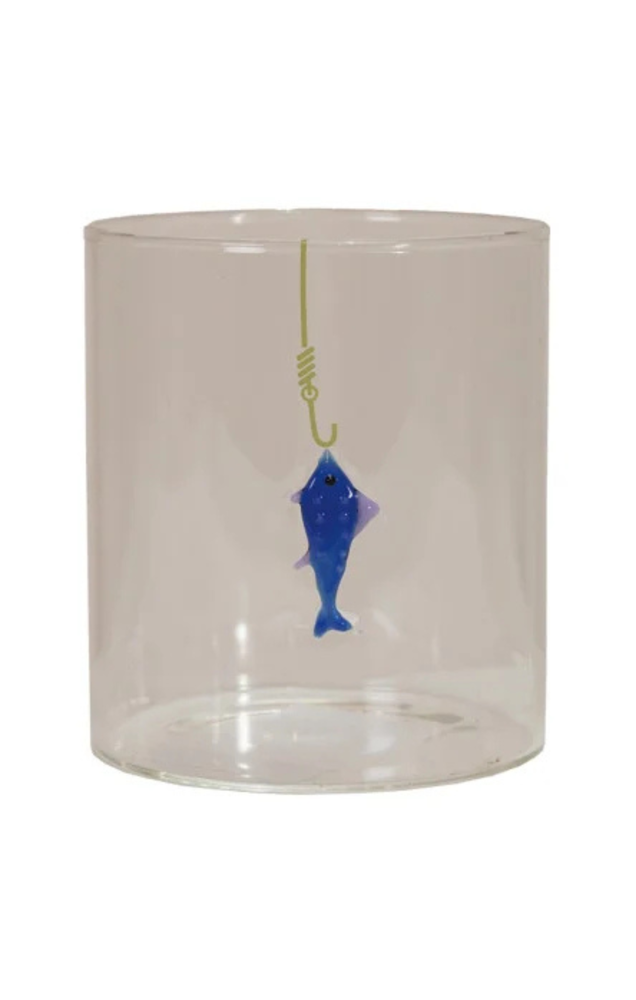 Clear glass candle holder with blue fish and gold hook design on a white background