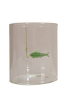 Clear glass tumbler with a fish and hook design on a white background