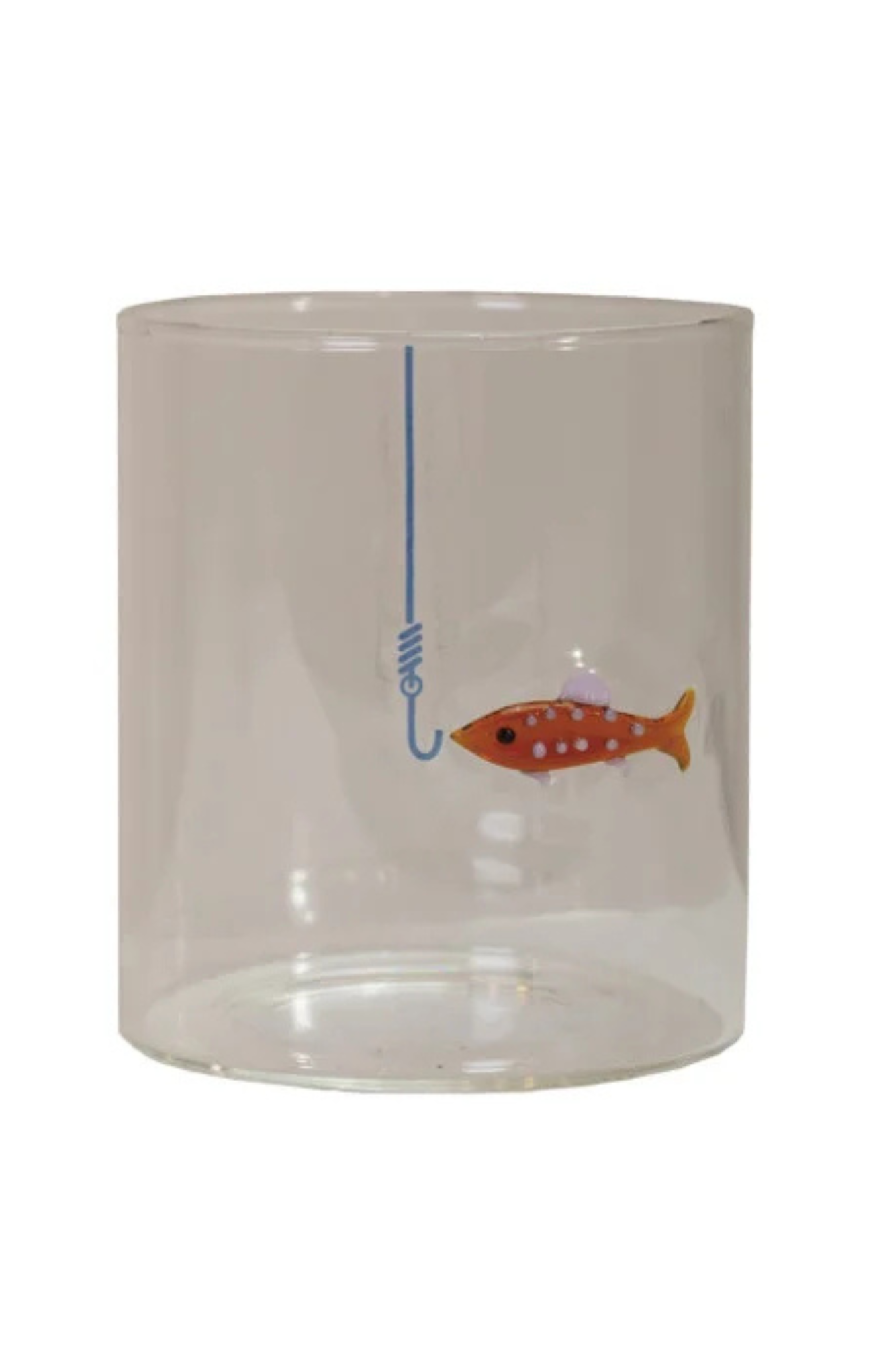 Clear glass tumbler with a fish and hook design on a white background