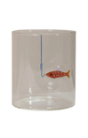 Clear glass tumbler with a fish and hook design on a white background