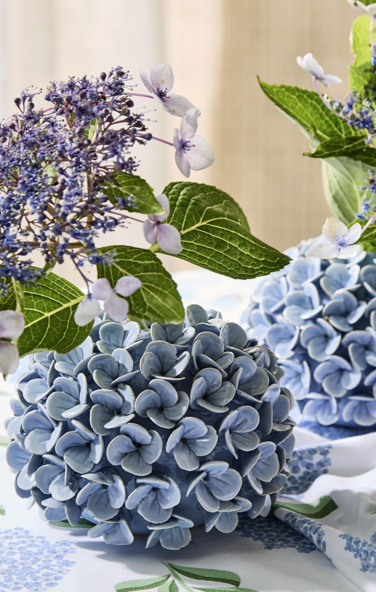 Close-up of blue hydrangeas with green leaves on a neutral background