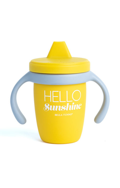 yellow sippy cup that says hello sunshine on the front with white background