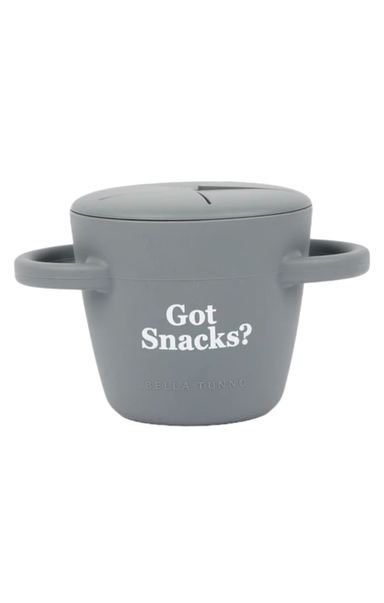 grey snacker with got snacks on the front on white background