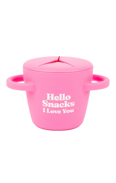 pink snacker with hello snacks i love you on the front on white background