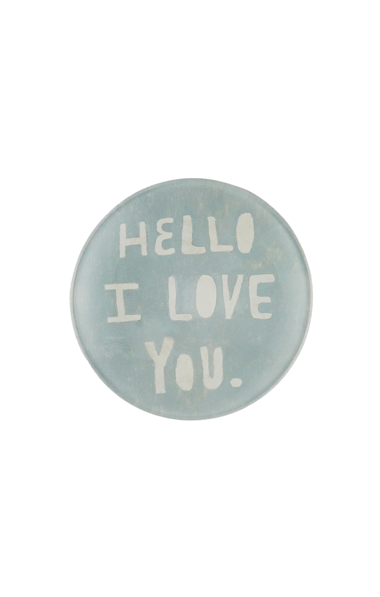 blue plate that says hello i love you on it with white background