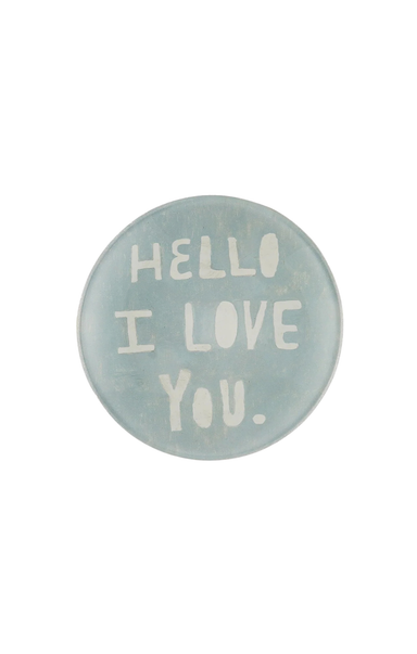 blue plate that says hello i love you on it with white background