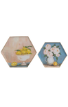 Two hexagonal coasters with floral and fruit designs on a white background