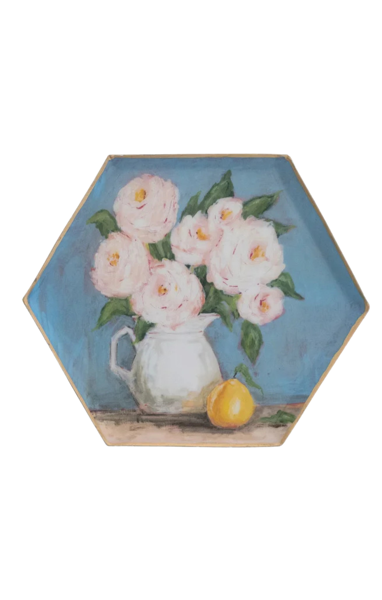 Decorative plate with a hexagonal design featuring a woman holding flowers and a lemon on a white background.