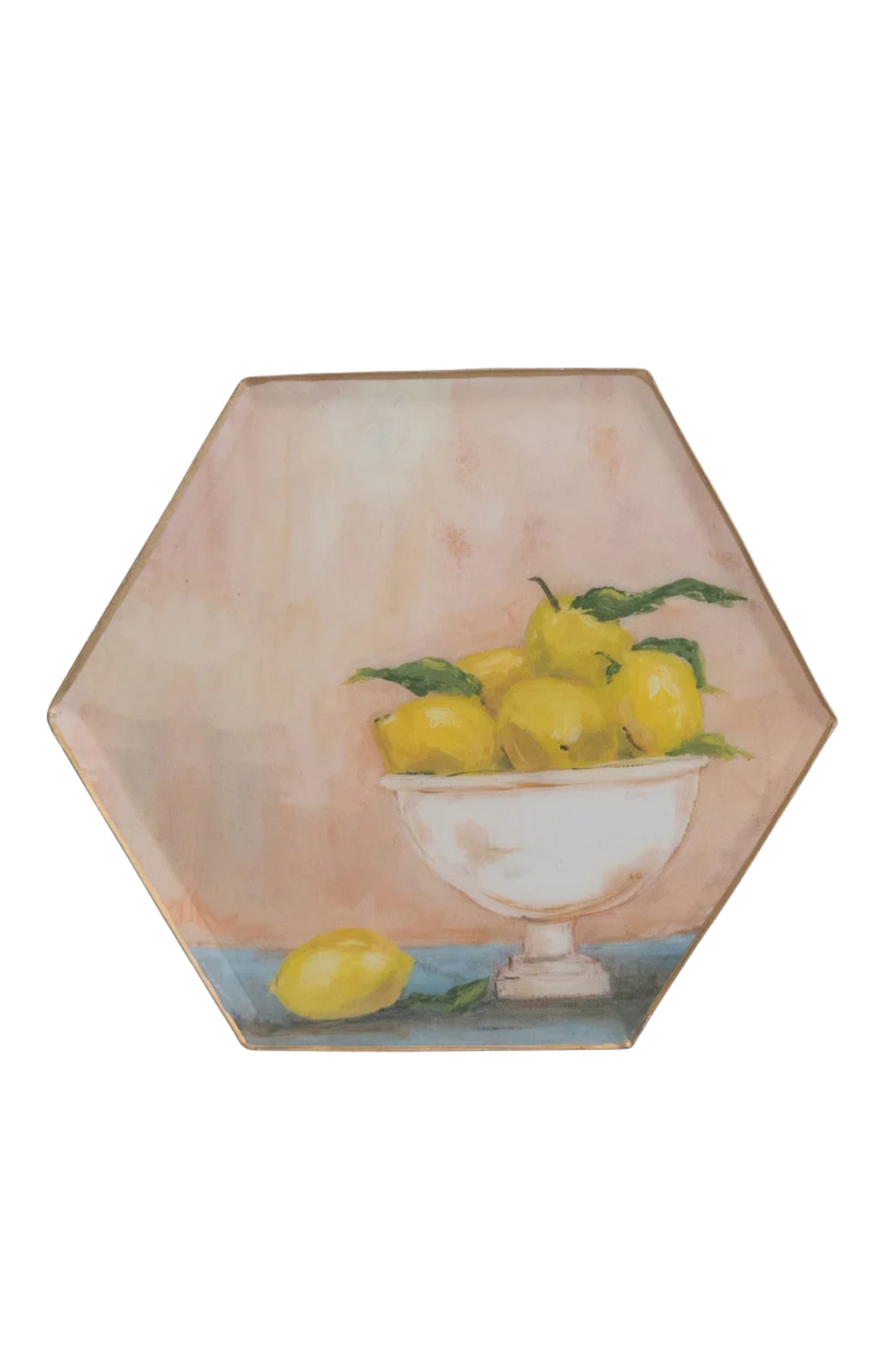 Hexagonal tile with a painting of lemons in a bowl on a white background