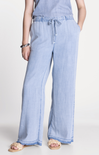 Light blue denim wide-leg pants worn by a person on a white background