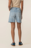 Person wearing light blue denim shorts on a beige background