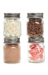 Four glass jars with metal lids containing different items on a white background