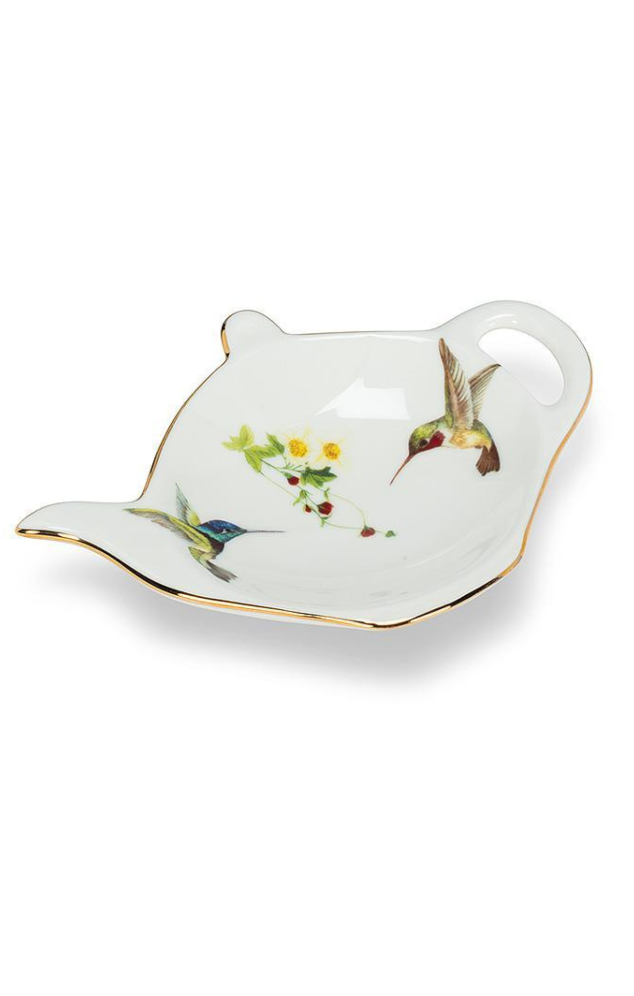 glass plate in shape of tea bag with hummingbirds and flowers on it with white background