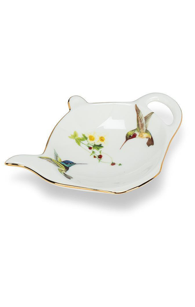glass plate in shape of tea bag with hummingbirds and flowers on it with white background