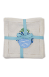 Set of folded towels with a blue ribbon and label on a white background