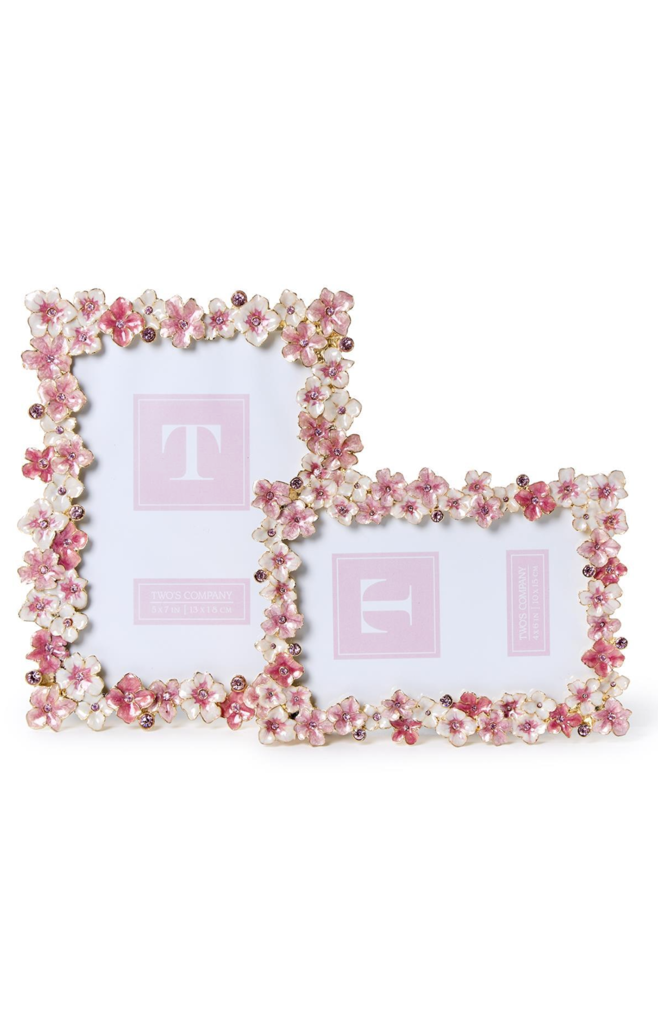 Two decorative photo frames with floral embellishments on a white background