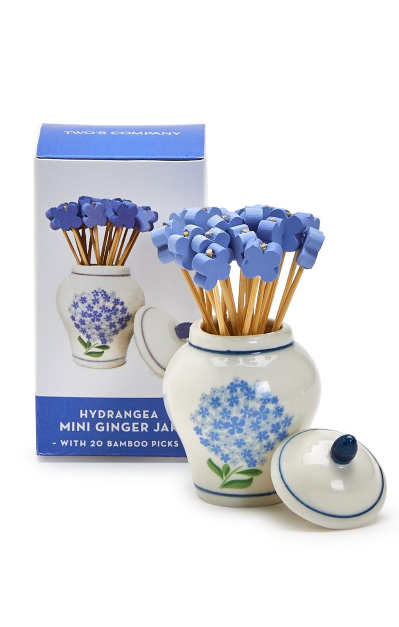 Ceramic jar with blue floral design containing bamboo picks, next to a box labeled 'Hydrangea Mini Ginger Jar' on a white background.
