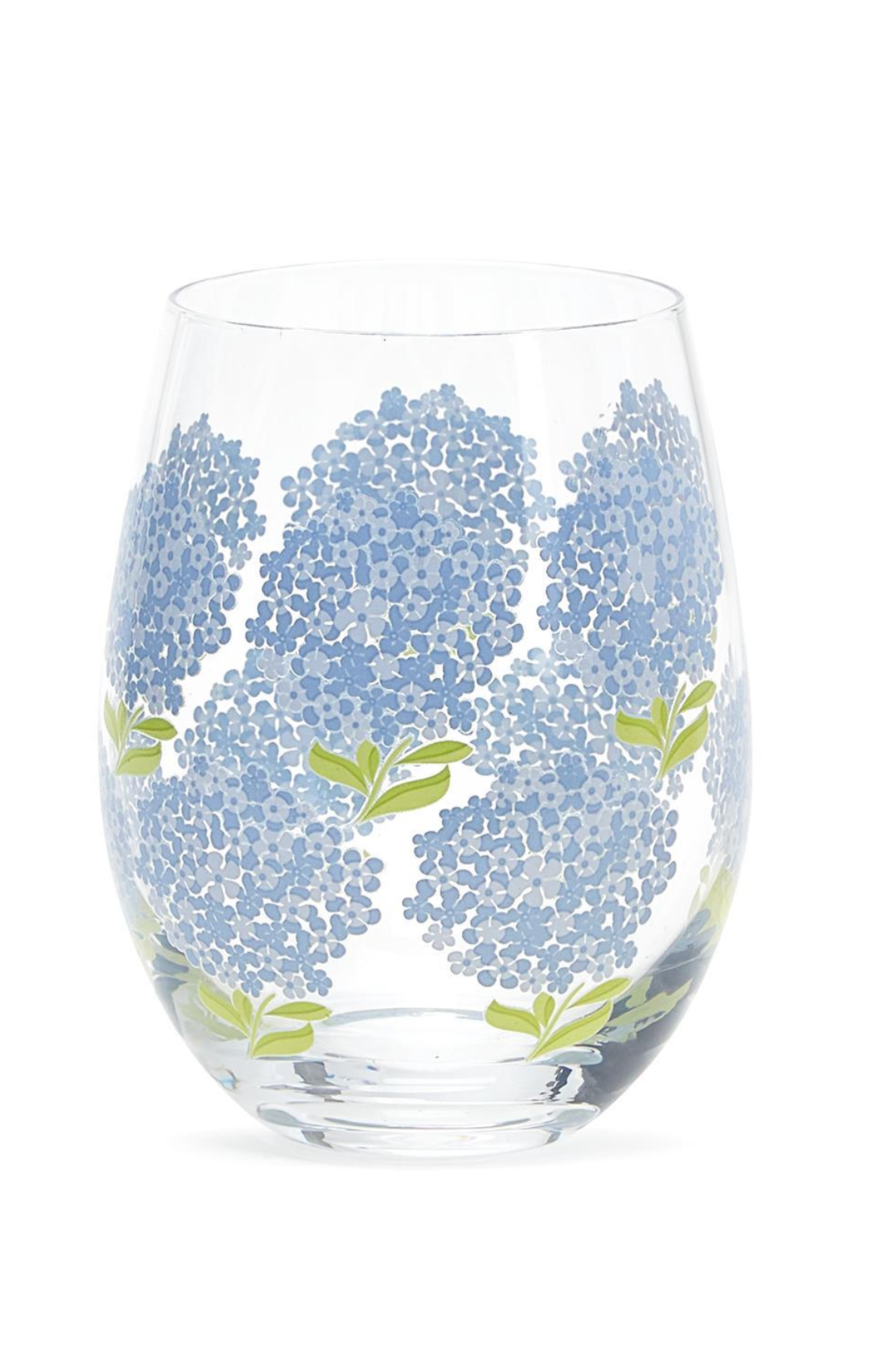 Stemless wine glass with blue hydrangea floral design on a white background