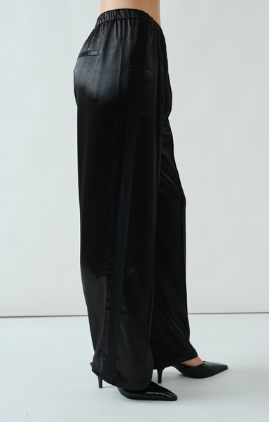 Black wide-leg pants worn by a person on a white background