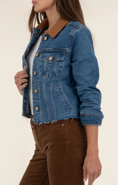Denim jacket with brown collar and pants on a plain background