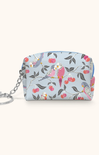 Small pouch with bird and cherry pattern on a light blue background