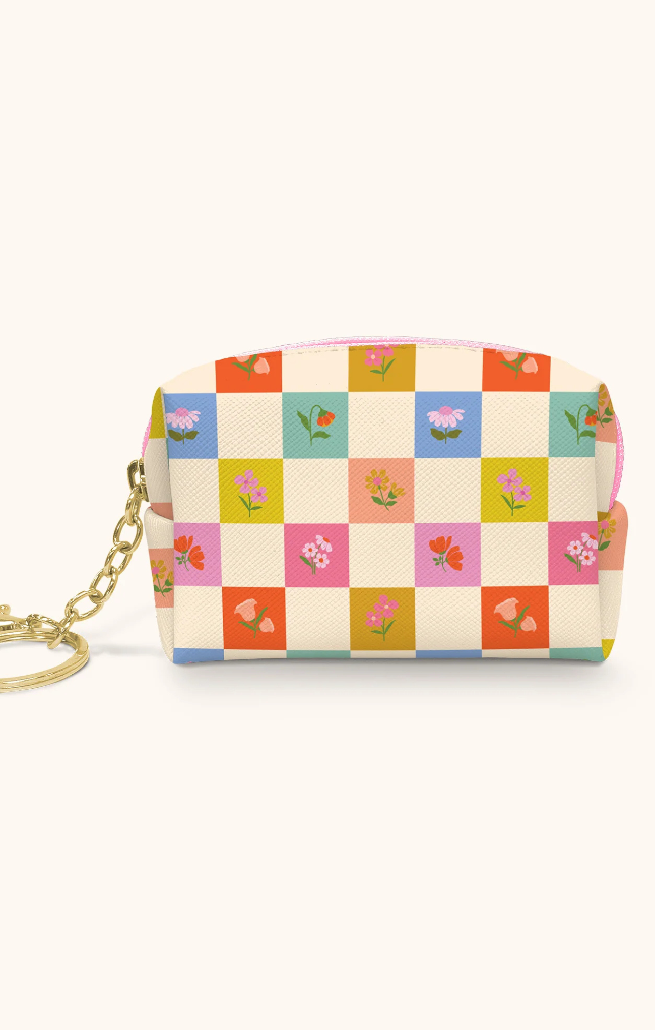 Small pouch with floral checkered pattern on a white background