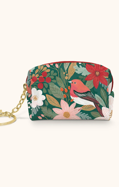 Small pouch with floral and bird design on a white background