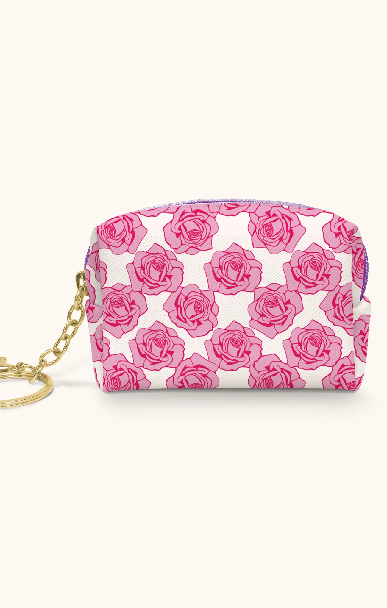 Small pouch with pink rose pattern on a white background
