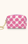 Small pouch with pink rose pattern on a white background