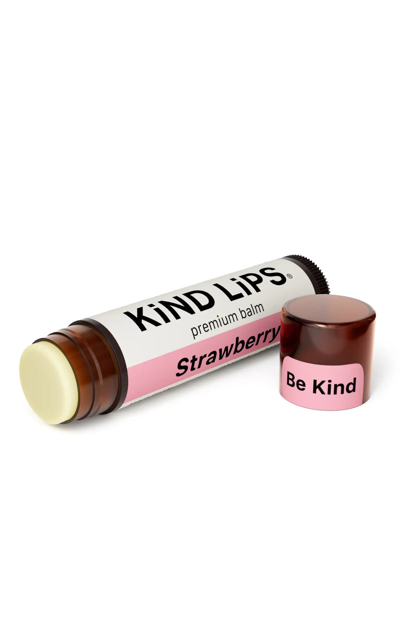 Kind Lips strawberry premium balm with a visible 'Be Kind' message on a white background