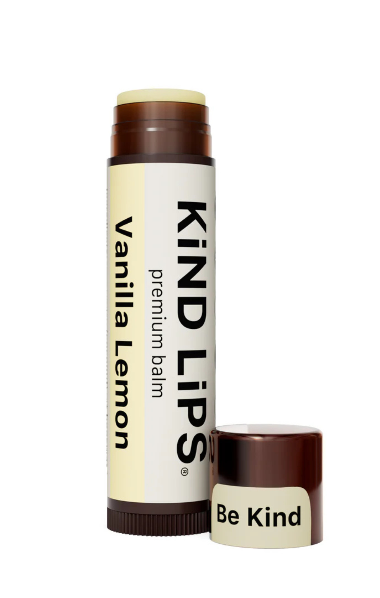 Vanilla Lemon lip balm with 'Kind Lips' branding on a white background