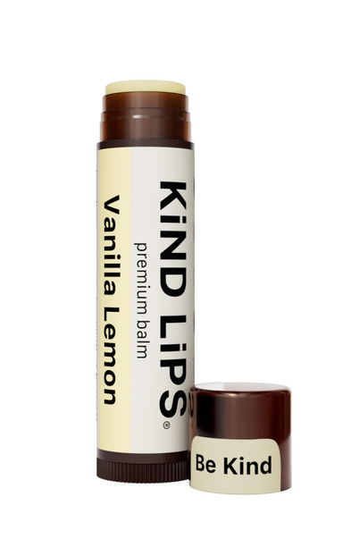 Vanilla Lemon lip balm with 'Kind Lips' branding on a white background