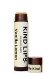 Vanilla Lemon lip balm with 'Kind Lips' branding on a white background